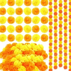65 Pcs Day of the Dead Decorations, 5 Pack 5 FT Artificial Marigold Garland with 60 Faux Marigold Flower Heads, Orange Yellow Silk Flowers for Dia de Los Muertos, Diwali, Indian Festival, Wedding and Party Decor