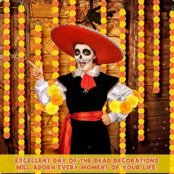 65 Pcs Day of the Dead Decorations, 5 Pack 5 FT Artificial Marigold Garland with 60 Faux Marigold Flower Heads, Orange Yellow Silk Flowers for Dia de Los Muertos, Diwali, Indian Festival, Wedding and Party Decor