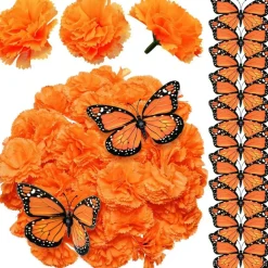 62PCS Day of the Dead Decorations Set – Marigold Flower Heads & Monarch Butterfly Decor for Día de los Muertos, Diwali, Halloween, Wedding & DIY Craft Garland (Orange)