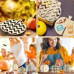 36PCS 3D Fall Pumpkin Craft Kit, Wooden Pumpkin Cutouts with 12 Colored Markers, DIY Paintable Thanksgiving Decorations for Kids & Adults, Autumn Harvest Table, Tiered Tray & Party Decor Set