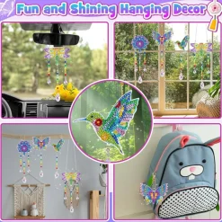4PCS Diamond Painting Wind Chime Kits for Kids Ages 8-12, DIY Diamond Art Crafts for Girls and Teens, Bird Butterfly Flower Gem Art Hanging Decor, Creative Birthday Christmas Gifts for Home Outdoor Decoration