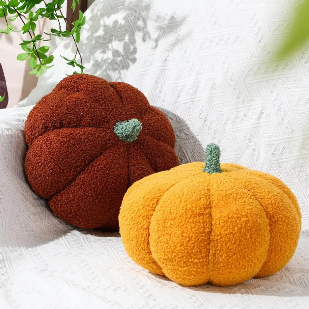 2 Pcs 3D Pumpkin Plush Pillows – 11x9.5” Fall Throw Cushions
