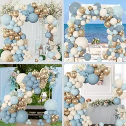 153pcs Dusty Blue Balloon Garland Arch Kit – Assorted Sizes (5", 10", 12", 18") with Gold & Sand Balloons for Boho Baby Shower, Baptism, Birthday, and Wedding Party Decorations