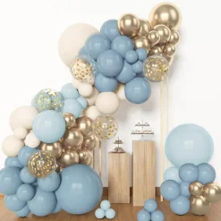 153pcs Dusty Blue Balloon Garland Arch Kit – Assorted Sizes (5", 10", 12", 18") with Gold & Sand Balloons for Boho Baby Shower, Baptism, Birthday, and Wedding Party Decorations