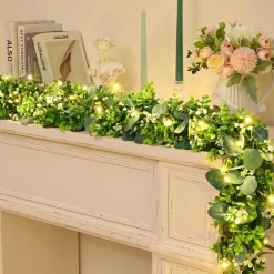 2Pcs Eucalyptus Garland with Lights, Greenery Garland, Green Garland with Flowers, 5.9FT Artificial Faux Eucalyptus Leaves Vines for Table Mantle Home Wedding Party Indoor Outdoor Decor