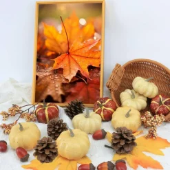 23Pcs Fake Pumpkins Fall Thanksgiving Decorations,Plastic Pumpkins with Acorns,Maple Leaves,Pine cones,Berries, Artificial Mini Pumpkin Decorating Harvest Home Decor Centerpiece Table Decorations