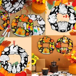 30 Pcs Fall Crafts for Kids Thanksgiving Coloring Wreath Kits | DIY Autumn Paper Wreaths with Hanging Cords for Classroom Preschool Party Activities