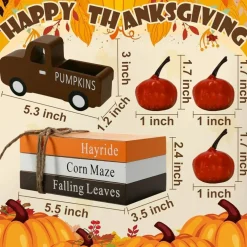 7PCS Fall Decorations for Home – Rustic Farmhouse Wooden Book Stack, Pumpkin & Truck Table Centerpieces for Thanksgiving Tiered Tray, Mantel, Shelf & Autumn Office Decor