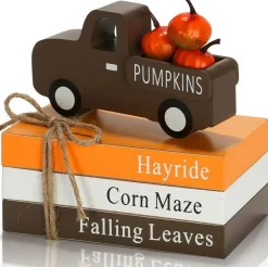 7PCS Fall Decorations for Home – Rustic Farmhouse Wooden Book Stack, Pumpkin & Truck Table Centerpieces for Thanksgiving Tiered Tray, Mantel, Shelf & Autumn Office Decor