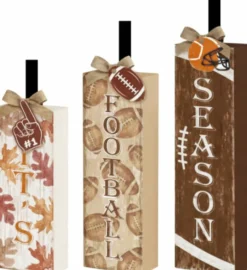 3PCS Fall Football Wooden Block Signs – Autumn Tiered Tray Decor with Bows & Maple Leaves, Rustic Harvest Tabletop Centerpieces for Home Kitchen Thanksgiving Decoration