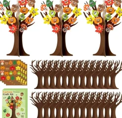 16PCS Fall Leaves Tree Craft Kits – DIY Autumn Maple Tree Crafts with Movable Eyes, Thanksgiving Kids Art Supplies, Classroom Activity Set for Party Favors, School & Home Creative Fun