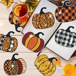 8 Pcs Fall Pumpkin Rhinestones Art Painting Coasters with Holder 8 Style Cute Pumpkin Non Slip Acrylic Round Cup Coaster Art Supplies for Beginners Adults Autumn DIY Rhinestones Painting Kit