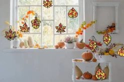 40 Pcs Fall Suncatcher Craft Kit – DIY Autumn Leaves & Pumpkins Window Art – Mess-Free Stained Glass Tissue Paper Craft for Thanksgiving Classroom & Party Activities