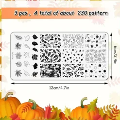 3PCS Fall Thanksgiving Nail Art Stamping Plates Set, Maple Leaf & Plaid Autumn Design Stainless Steel Nail Art Templates for DIY Manicure, Salon & Holiday Nail Decoration