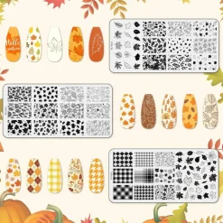 3PCS Fall Thanksgiving Nail Art Stamping Plates Set, Maple Leaf & Plaid Autumn Design Stainless Steel Nail Art Templates for DIY Manicure, Salon & Holiday Nail Decoration
