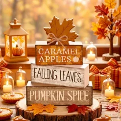 4 PCS Fall Tiered Tray Decor Set, Wooden Maple Leaf Block Signs, Thanksgiving Table Centerpieces, Rustic Farmhouse Autumn Harvest Decorations for Kitchen Shelf Mantel Coffee Table Home Decor