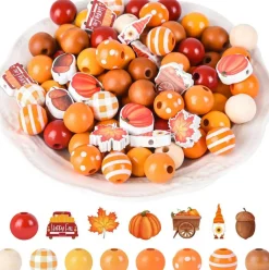 240PCS Fall Wooden Beads Set – Thanksgiving Pumpkin Maple Leaf & Gnome Craft Beads – Buffalo Plaid Spacer Beads for DIY Garland, Jewelry Making & Harvest Home Party Decorations