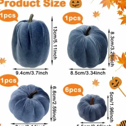 9 Pcs Faux Blue Velvet Pumpkin Decor Set, Handmade Fabric Foam Pumpkins with Assorted Sizes, Elegant Fall Harvest Decorations for Thanksgiving, Halloween, Farmhouse Table Centerpiece, Mantel and Home Decor