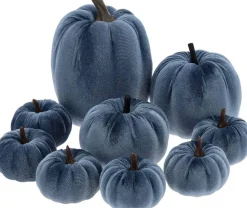9 Pcs Faux Blue Velvet Pumpkin Decor Set, Handmade Fabric Foam Pumpkins with Assorted Sizes, Elegant Fall Harvest Decorations for Thanksgiving, Halloween, Farmhouse Table Centerpiece, Mantel and Home Decor