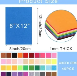40PCS Felt Fabric Sheets 8x12 Inch Assorted Colors 1mm Thick Stiff Craft Felt Squares Nonwoven Fabric for DIY Sewing Patchwork Handmade Projects