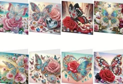 8 Pcs Flower & Butterfly Diamond Painting Greeting Cards with Envelopes, 5D Special Shaped Rhinestone DIY Cards for Christmas, Birthday, Mother's Day, Father's Day & Teacher's Day Gifts