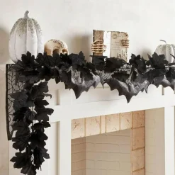 2 Pcs 13 Ft Black Maple Leaf Garland for Halloween Decor, Artificial Fall Leaf Vine Garland for Fireplace, Porch, Wall, Table, Wedding & Thanksgiving Decorations
