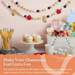 2PCS 13.2FT Felt Pencil & Apple Garland Set – Back to School Classroom Decorations with Pom Poms, Pre-Assembled Hanging Banner for First Day of School Bulletin Board, Wall & Door Decor