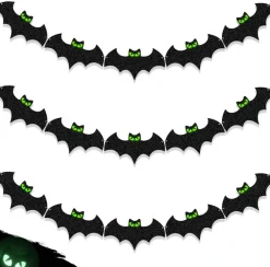 3 Pcs Glow in the Dark Eyes Bat Banner – Pre-Strung Halloween Bat Garland Decorations – Glitter Cardstock Hanging Banner for Party, Home, Wall & Haunted House Decor