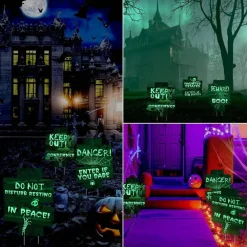 6 Pcs Glow in the Dark Halloween Yard Signs – Fluorescent Scary Graveyard Warning Stakes (“Enter If You Dare”) Outdoor Lawn Decorations for Haunted House, Zombie Cemetery & Party Decor