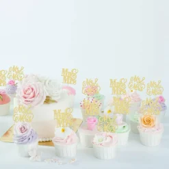 24PCS Gold Glitter Mr & Mrs Cupcake Toppers – Bridal Shower & Wedding Picks, 2.4"x4.3"