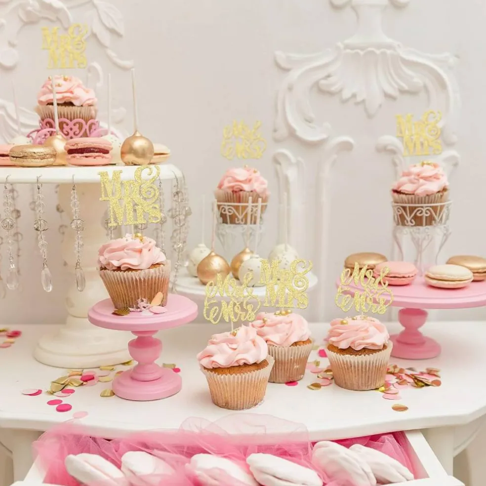 24PCS Gold Glitter Mr & Mrs Cupcake Toppers – Bridal Shower & Wedding Picks, 2.4"x4.3"