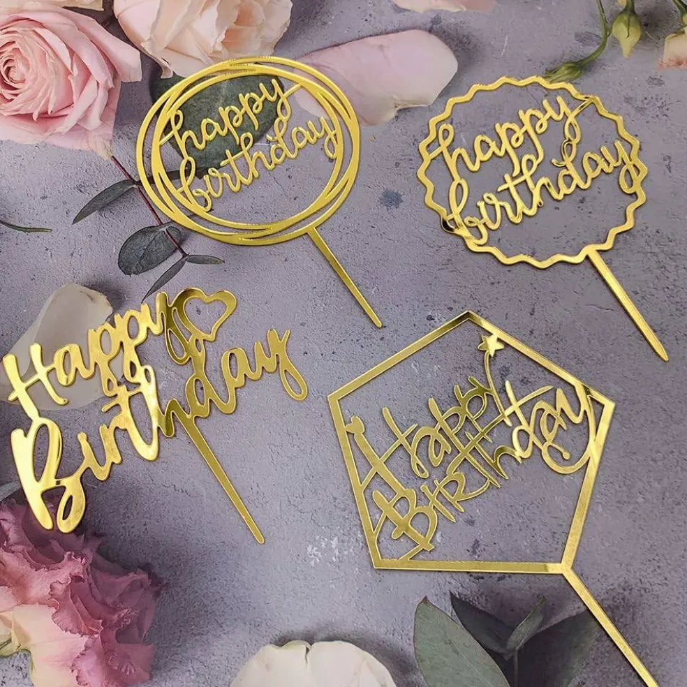 7PCS Gold Happy Birthday Cake Toppers – Acrylic Decorations for Cakes & Cupcakes