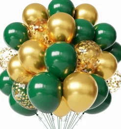 60PCS Green and Gold Latex Balloons, 12 Inch Metallic Green Gold Confetti Balloon Set with Ribbon for Graduation, Jungle, Safari, Birthday, Baby Shower and Party Decorations