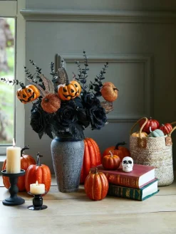 10 PCS Halloween Artificial Flower Bouquet, Black Silk Roses with Pumpkin Gourds, Eucalyptus & Maple Leaves Fall Floral Arrangement for Home Table Centerpiece, Wedding Decor, Party & Seasonal Decorations