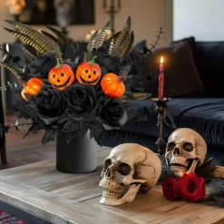 14 Pcs Halloween Artificial Flower Stems, 19.5 Inch Black Pumpkin Rose Eucalyptus Maple Leaf Picks, Gothic Floral Branches for Vase Centerpieces, Table Decor, Home Party & Indoor Halloween Decorations