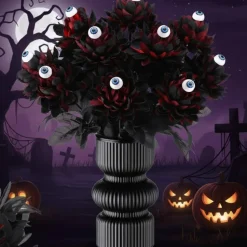 12PCS Halloween Eyeball Dahlia Flowers, 16 Inch Black and Wine Red Artificial Silk Dahlias with Long Stems, Gothic Faux Flowers for Halloween Party Centerpieces, Home Decor and Event Decorations