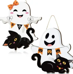 2 Pcs Halloween Ghost Witch Door Sign Boo Decor - Ghost