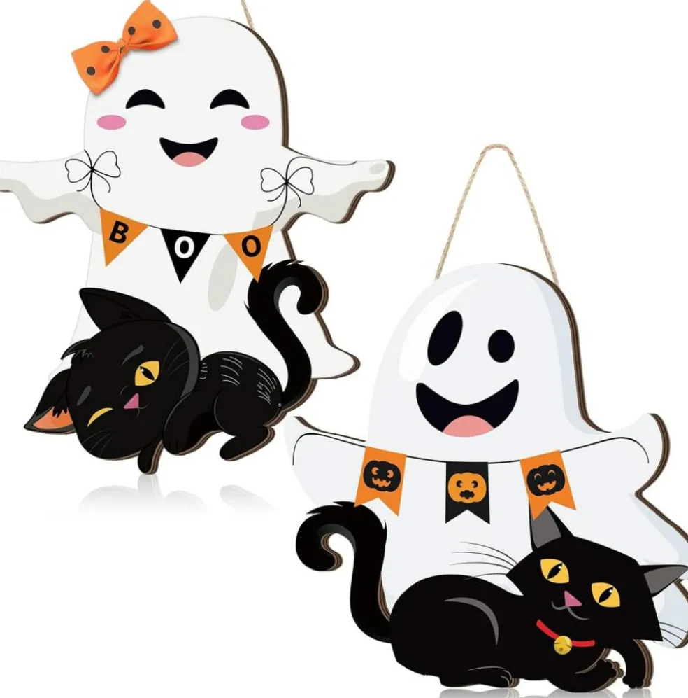 2 Pcs Halloween Ghost Witch Door Sign Boo Decor - Ghost