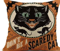 4 Pcs Halloween Pillow Covers 18x18 Inch, Retro Scary Cat Pumpkin Skull Linen Throw Pillowcases, Vintage Spooky Cushion Covers for Sofa, Bed, Chair, Living Room, Bedroom, Home Holiday Decor