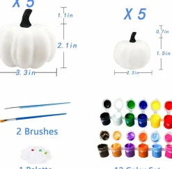 10 pcs Halloween Pumpkin Decorating Kit for Kids, DIY White Artificial Pumpkins with 12 Color Paints Brushes and Palette, Paint Your Own Craft Set for Halloween Thanksgiving Fall Decor Ages 4 5 6 7 8