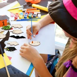 36PCS Halloween Wooden Cutouts Craft Kit – Pumpkin Skull Bat Ghost Candy Corn DIY Unfinished Wood Shapes with Paint, Brushes & Twine for Halloween Party Decorations & Hanging Ornaments