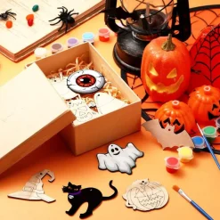 36PCS Halloween Wooden Cutouts Craft Kit – Pumpkin Skull Bat Ghost Candy Corn DIY Unfinished Wood Shapes with Paint, Brushes & Twine for Halloween Party Decorations & Hanging Ornaments