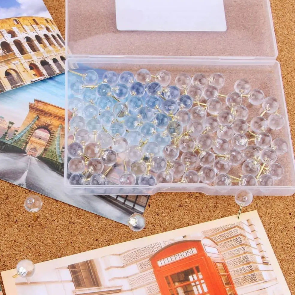 100 pcs 1/3 inch gold push pins map tacks steel point with transparent round heads