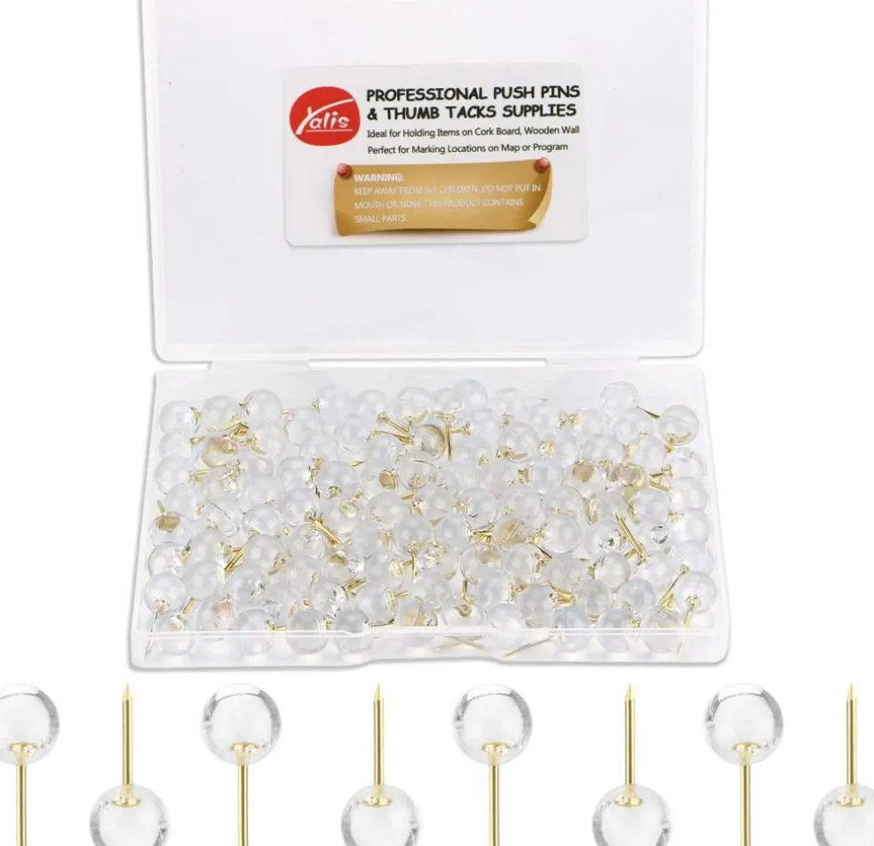 100 pcs 1/3 inch gold push pins map tacks steel point with transparent round heads