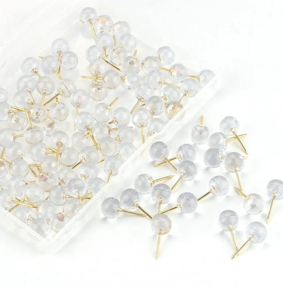100 pcs 1/3 inch gold push pins map tacks steel point with transparent round heads