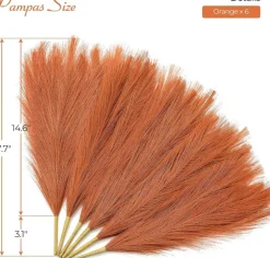 6 Pcs 17.7 Inch Orange Pampas Grass, Fluffy Artificial Fall Pampas Stems for Vase, Burnt Orange Faux Feather Grass for Boho Wedding Centerpieces, Thanksgiving & Home Decor