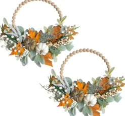 2PCS 16inch Wood Beads Fall Wreath Eucalyptus Berries Pumpkins Lamb Ears Leaves