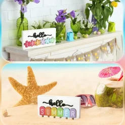5PCS Interchangeable Seasonal Wooden Sign Decor, Hello Summer Fall Winter Spring Farmhouse Tabletop Centerpiece with Reversible Season Icons for Tiered Tray, Shelf, Office and Home Decoration