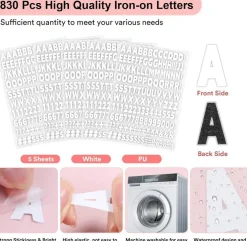 830Pcs Iron On Letters and Numbers for Clothing, 1 Inch White Heat Transfer Vinyl Alphabet Stickers, PU A-Z Letters 0-9 Numbers & Symbols for T-Shirts, Jerseys, DIY Crafts