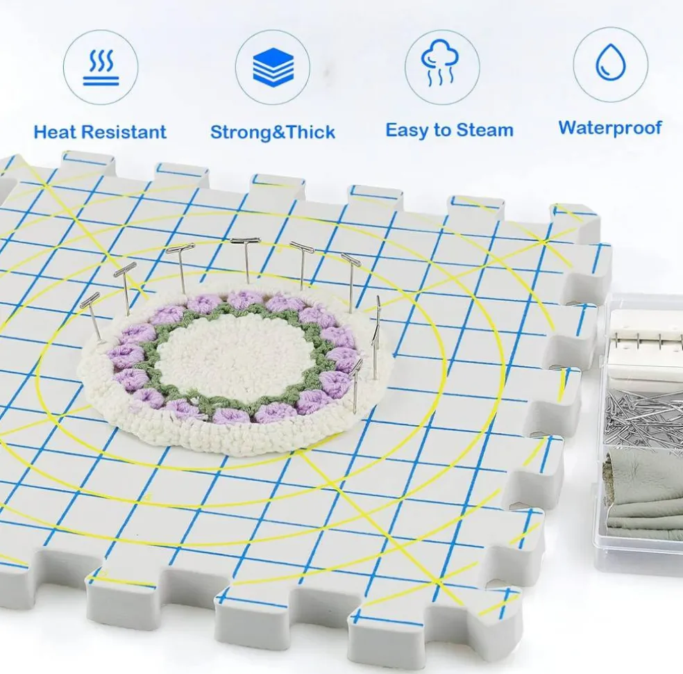 9PCS Knitting Blocking Mats with Grids, Extra Thick Crochet Blocking Boards, 22 Knitting Blockers and 100 T Pins for Knitting, Crochet, Lace and Needlework Projects